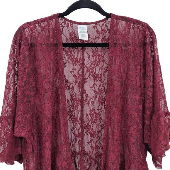 Time and Tru Lace Cardigan Maroon Wine L-XL Peplum Ruffle Bell 3/4 Sleeve Tunic - Picture 7 of 12
